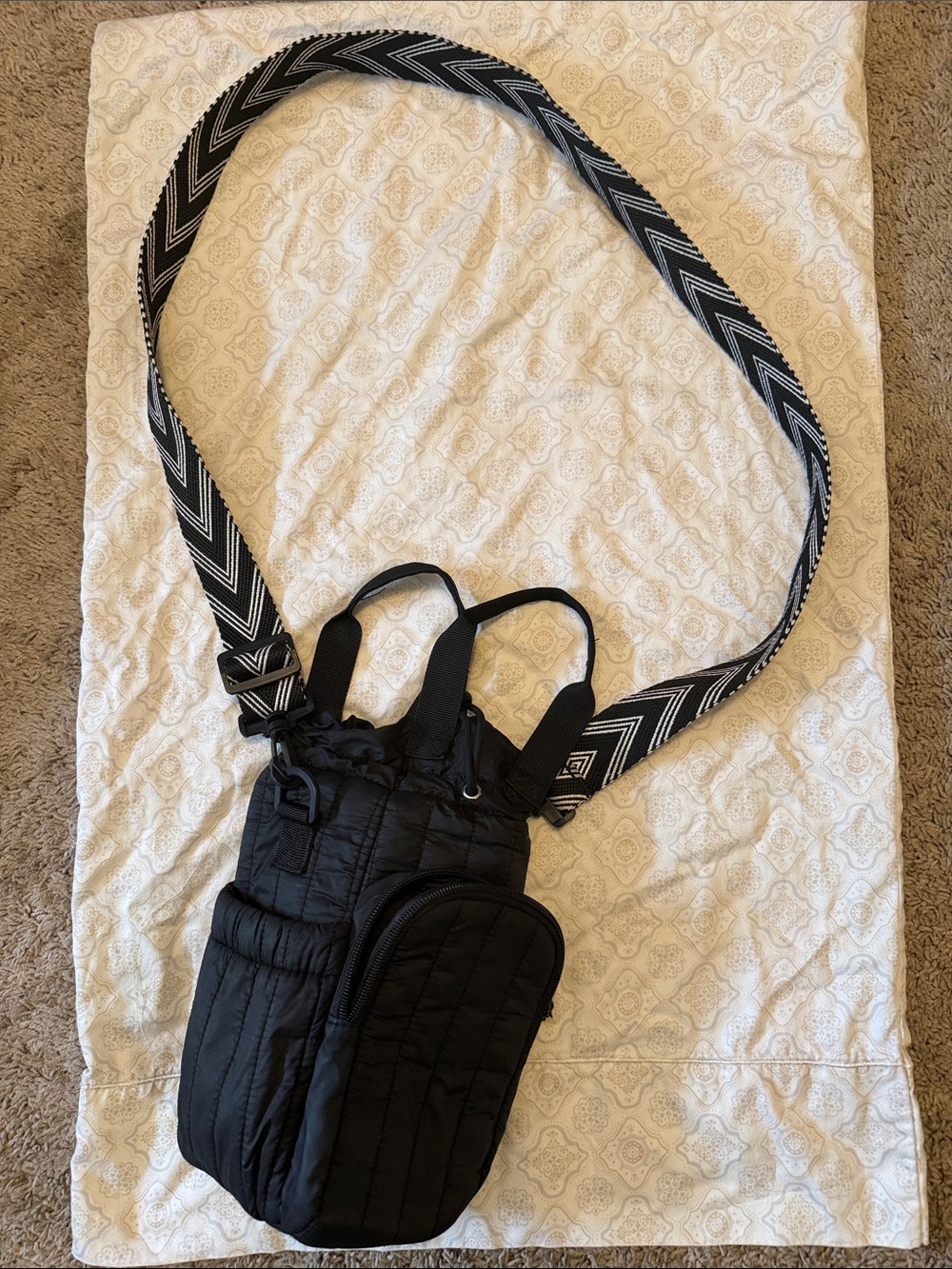Black Quilted Crossbody Organizer Bag with Chevron Strap